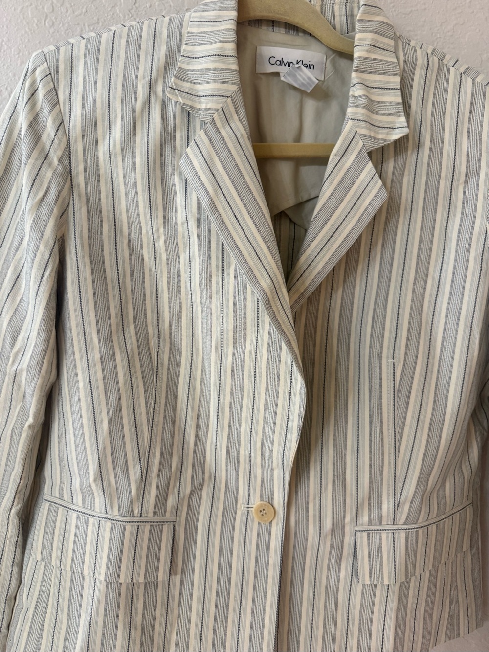 Calvin Klein Linen Blend Blue & Ivory Striped One Button Blazer Size 10